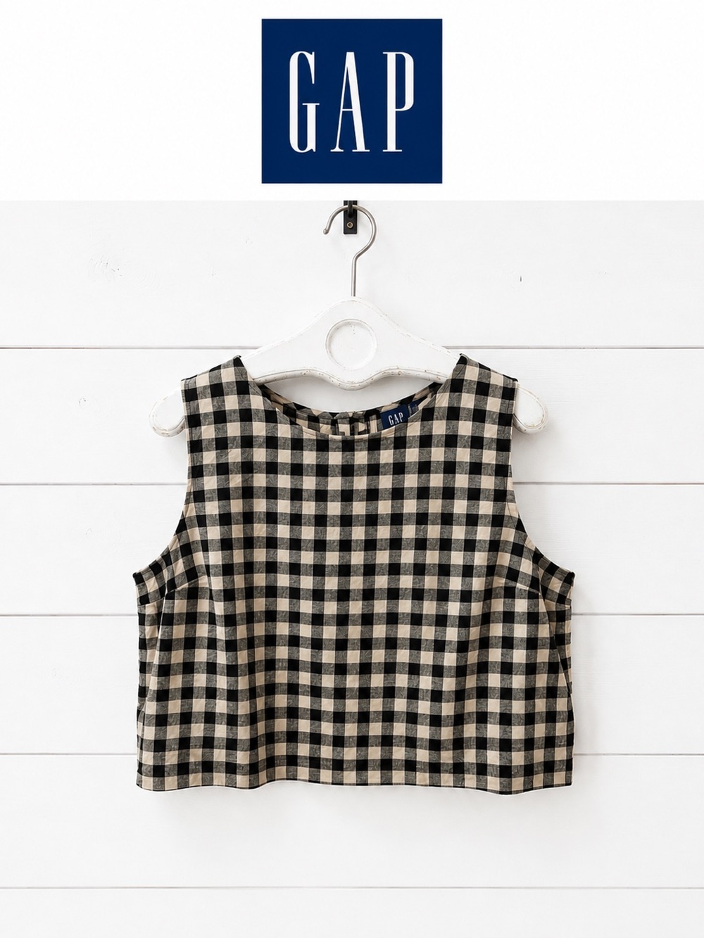 GAP Black & Cream Gingham Linen Blend Crop Top – Size XL